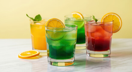 Refreshing colorful citrus fruit cocktails with ice cubes and mint garnished with lemon and orange slices in glasses on marble table, summer party cold drink variety