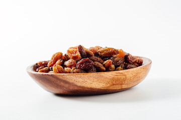 Healthy Dried Fruits on Wooden Bowl Isolated on White Background