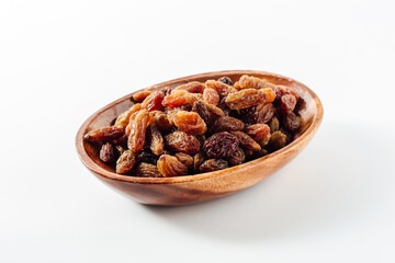 Assorted Dried Fruits in Wooden Bowl on White Background