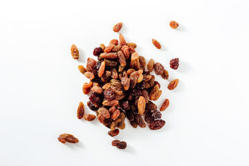 Assorted Dried Raisins in Various Shades on White Background