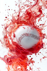 A baseball splashes into a vibrant red liquid, creating dynamic motion and energy