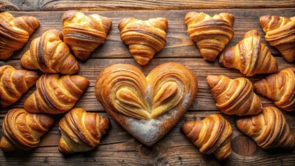 Fototapeta premium Heart-Shaped Sweet Croissants - golden and flaky pastries for holidays and celebrations - perfect for sharing love , holiday treat, flaky pastry