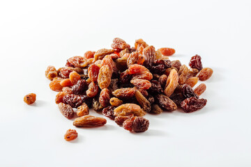 Assorted Dried Grapes in Varying Shades on a White Background