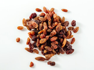 Assorted Raisins Piled on White Background for Healthy Snack Option