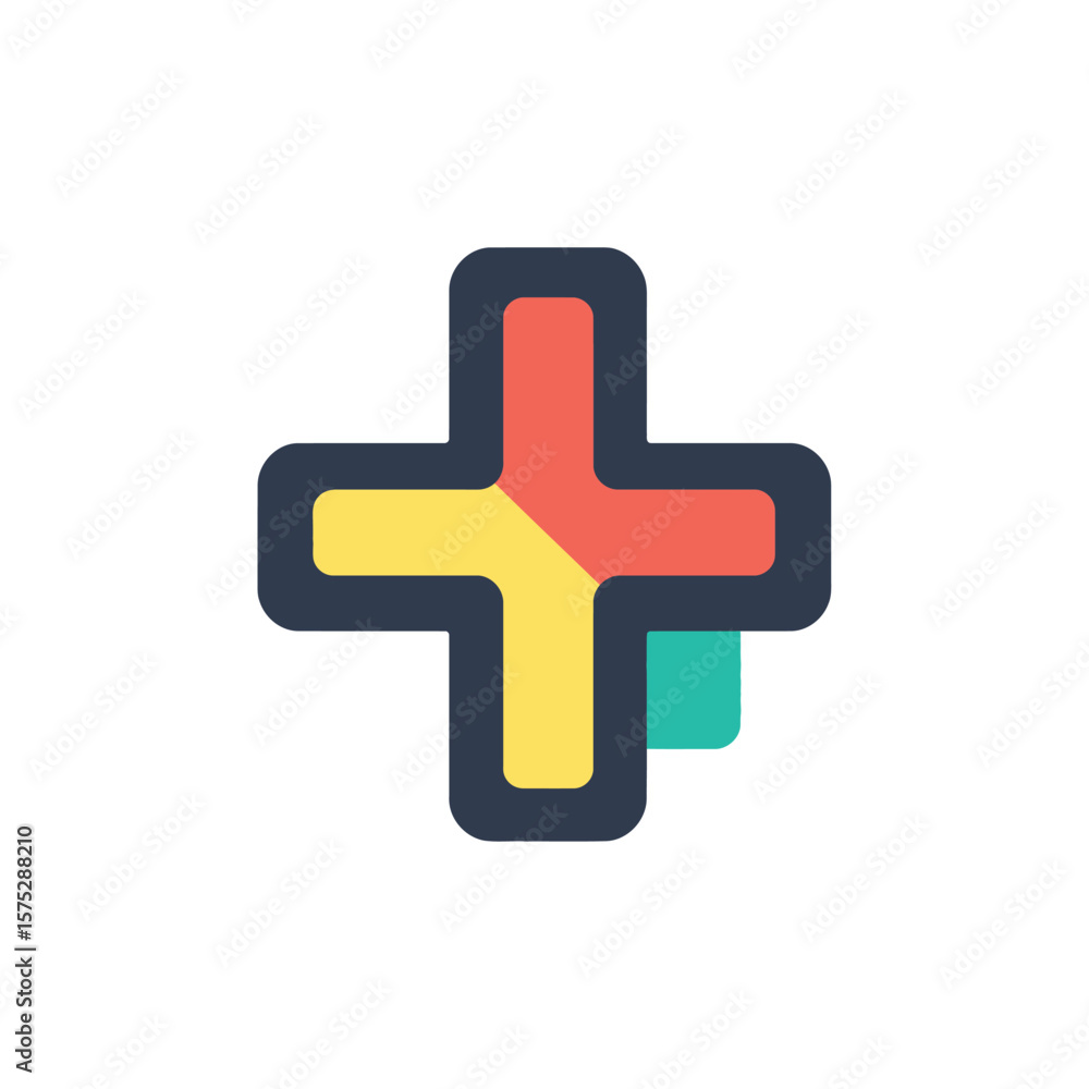 Poster flat cross icon with rounded edges and colorful segments on white background