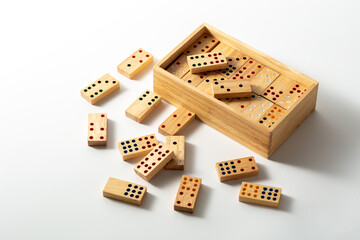 Wooden Dominoes Spread Around a Open Box on a White Surface