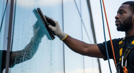 Focused professional window cleaner wipes exterior glass of high rise building wearing safety harness and gloves, maintaining cleanliness and clear view, attention on spotless finish