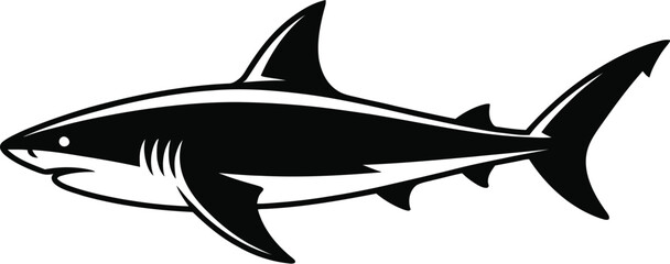 Black shark silhouette swimming white ocean