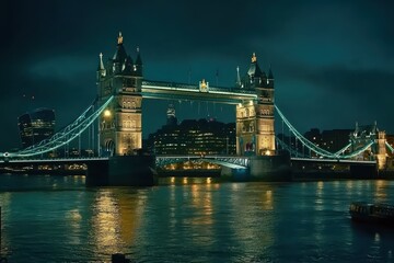 Obraz premium Night time lapse captures the beauty of Tower Bridge with illuminated reflections in the River Thames, Night timelapse on Tower Bridge, London