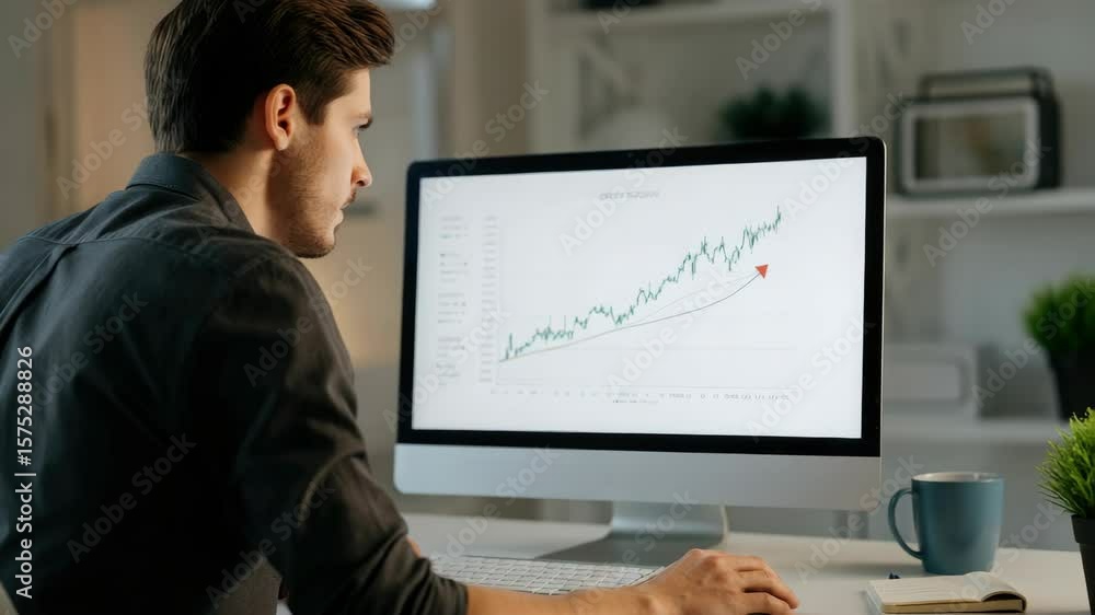 Poster man analyzing rising stock market graph on computer screen in modern office