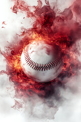 A dynamic baseball surrounded by fiery smoke, symbolizing intense competition and energy