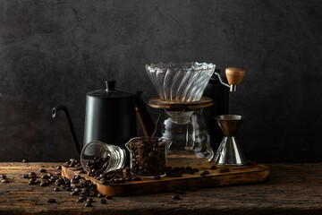 Coffee Brewing Equipment with Beans on a Rustic Wooden Table