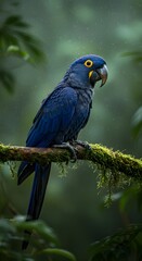 Obraz premium Discover the imposing Hyacinth Macaw, an extraordinary and largest parrot, captured on a lush mossy branch during a light drizzle. Its mesmerizing deep blue plumage and iconic yellow markings stand ou