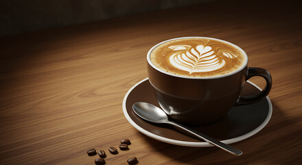 A dark-brown coffee cup with latte art on a wooden table, coffee beans scattered nearby.