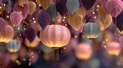 Colorful festival background featuring hanging lanterns, illuminated in soft pink and gold on a deep gradient