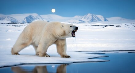Majestic Polar Bear Growling on Icy Landscape with Snowcapped Mountains