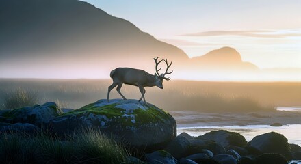 Majestic Stag Walking on Rocky Shore at Sunrise in Misty Landscape