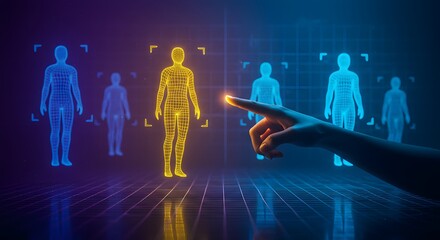 Human touching glowing digital wireframe body scan in futuristic interface
