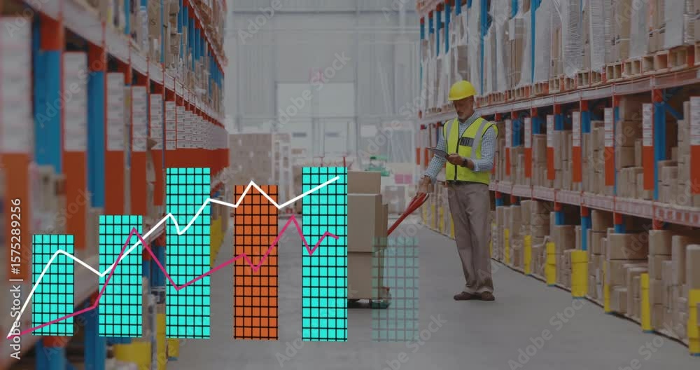 Poster warehouse operator scanning box label via tablet, visualizing rising bar and line inventory charts