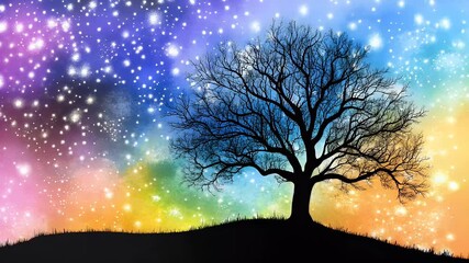 Silhouette of a barren tree atop a hill under a bright, colorful, starry sky - Powered by Adobe