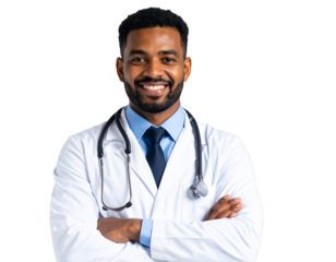 Confident African American Male Doctor in White Coat with Arms Crossed, Smiling, Isolated on Transparent Background PNG.