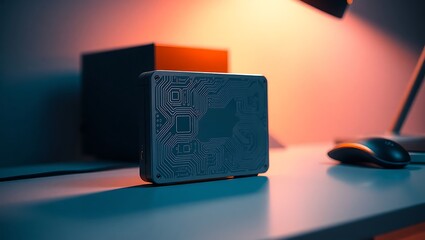 Close up of a circuit board like device on a desk with a mouse and boxes in the background