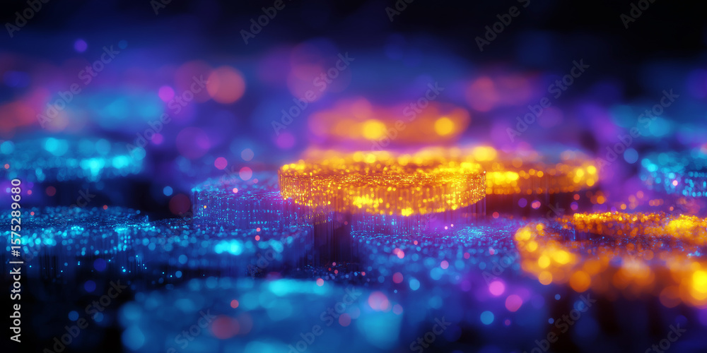 Poster abstract futuristic digital background with glowing pixels and bokeh