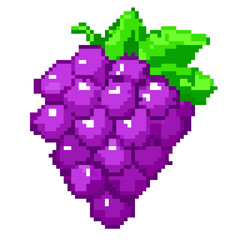 Obraz premium Pixel art icon of a purple grapes bunch with green leaves