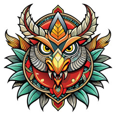 Ornate owl head design with vibrant colors and intricate details (1)