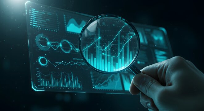 Magnifying glass examining glowing blue digital charts and graphs on futuristic screen
