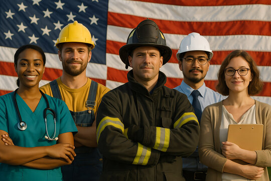"American Workers Group Portrait for Labor Day – Diverse Professions with US Flag Background"
- Powered by Adobe