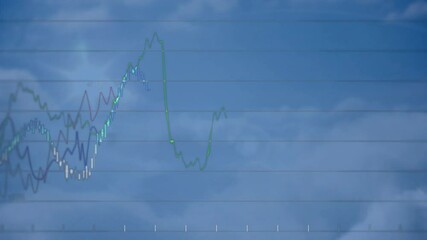 sun flare appearing with tricolor lines rising and bars animating over clouds showing market trends - Powered by Adobe