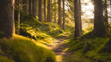Sunlit forest path with golden rays through trees, a serene nature escape