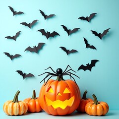 Naklejka premium Halloween pumpkin spider bats