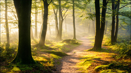 Sunlit forest path with golden rays through trees, a serene nature escape