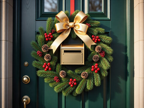 Christmas Wreath with Mailbox and Gold Bow