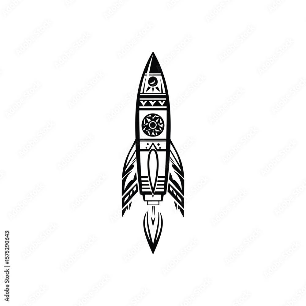 Poster isolated rocket ship tribal pattern with flame on transparent background design