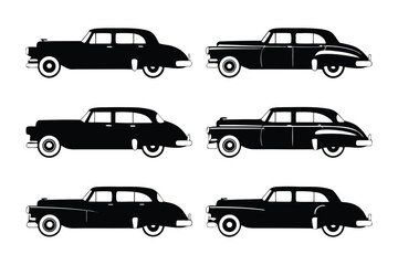 Classic Black Vintage Car Silhouette Set: Iconic black vintage cars, showcasing their elegant silhouettes in a stylized presentation.