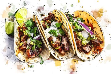 Delicious tacos with lime and fresh toppings in watercolor style