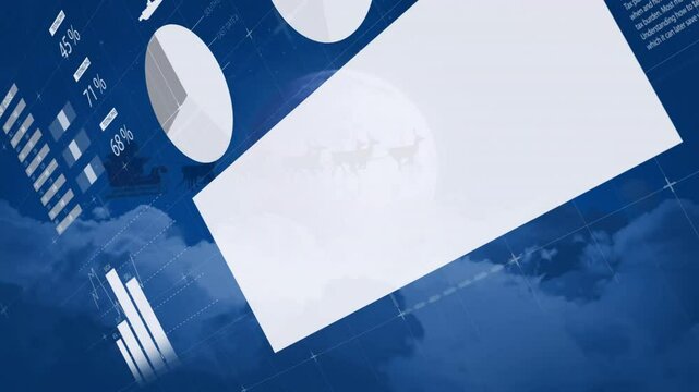 Opening dark blue grid with moon starting infographic panels sliding and rotating visualizing data