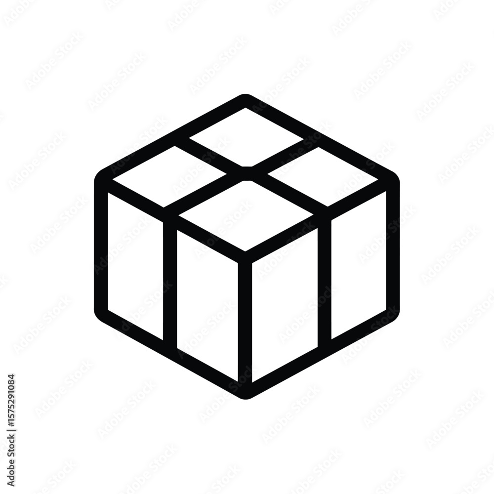 Poster isometric cube outline vector, geometry icon, black lines on transparent background