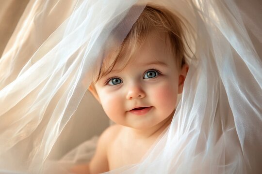 Little girl enjoys playful hide and seek behind curtain during bright indoor afternoon, Little baby girl child play hide behind the curtain tulle at home