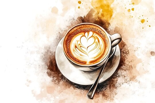 Artistic watercolor painting of a heart latte art coffee cup with spoon