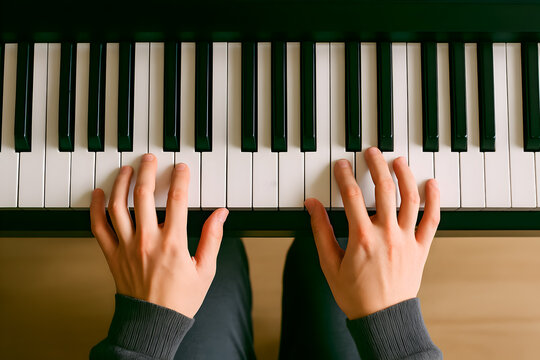 Hands Playing Piano Keys Close-up Top View