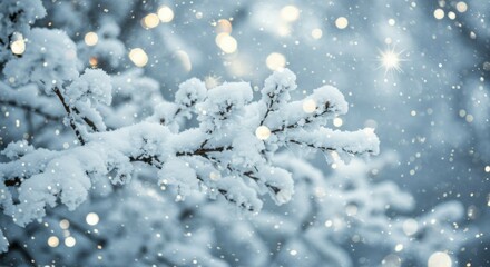 Snow Covered Branch Sparkling with Festive Lights Winter Scene