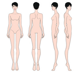Fototapeta premium Colored fashion croquis figurines front side back view with short hair woman in vector.