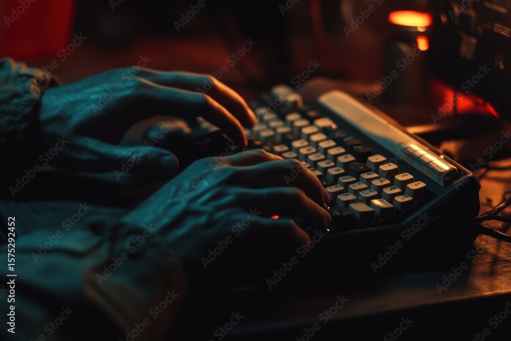 Poster typing on a vintage keyboard while using a mouse in a dimly lit workspace filled with equipment, usi