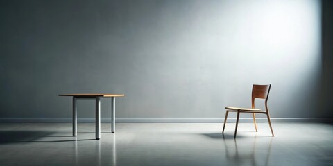 A bare room with a single empty chair and table on it , emptiness, solitude,  emptiness