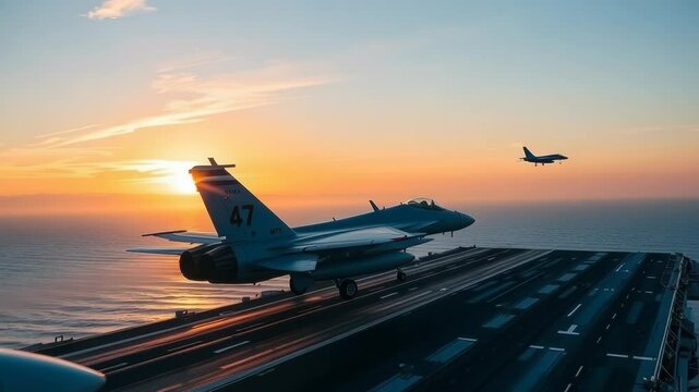 Two fighter jets in the sky above an aircraft carrier during sunset