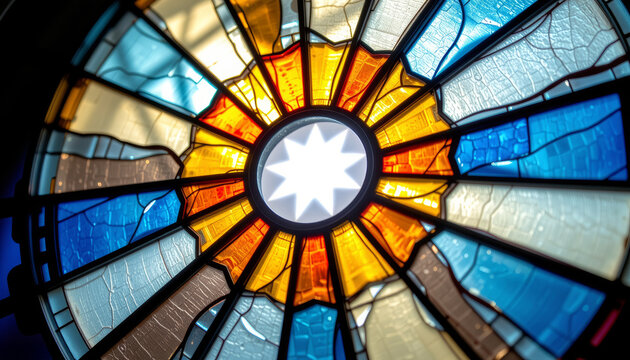 Colorful circular stained glass window with sunburst pattern and bright light shining through, creating vibrant and dynamic effect - Powered by Adobe